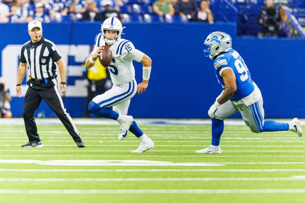 NFL, American Football Herren, USA 2026: Lions Vs Colts AUG 29 Aug 29, 2026; Indianapolis, Indiana, USA; Indianapolis Colts quarterback Riley Leonard (15) runs with the ball as Detroit Lions defensive lineman Mekhi Wingo (94) pursues during NFL preseason game action at Lucas Oil Stadium. Mandatory Credit: John Mersits-Cal Media (Credit Image: Â John Mersits Cal Sport Media) Indianapolis Indiana USA EDITORIAL USE ONLY Copyright: xx ZUMA-20260829_zma_c04_240.jpg JohnxMersitsx csmphotothree515485