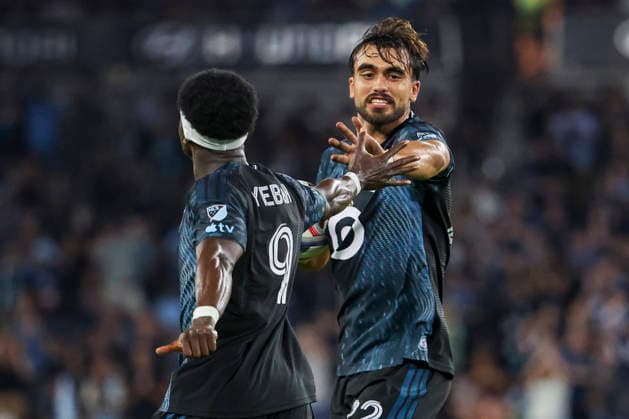 August 29, 2026, St. Paul, Minnesota, United States: Minnesota United FC forward MARCUS CALDEIRA (22) celebrates a goal with his teammate Minnesota United FC forward KELVIN YEBOAH (9). Minnesota United hosted Orlando City on August 29th. The teams faced off at Allianz Field in St. Paul, Minnesota. The game ended in a draw 3-3. St. Paul United States - ZUMAt166 20260829_zsp_t166_003 Copyright: xMichaelxTurnerx