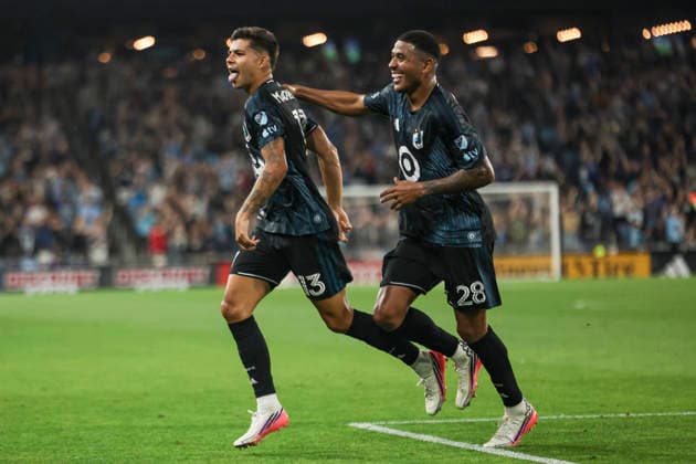 August 29, 2026, St. Paul, Minnesota, United States: Minnesota United FC defense ANTHONY MARKANICH (13) and Minnesota United FC defense JEFFERSON DIAZ (28) celebrate a goal together. Minnesota United hosted Orlando City on August 29th. The teams faced off at Allianz Field in St. Paul, Minnesota. The game ended in a draw 3-3. MLS, Fussball Herren, USA 2026 - Minnesota United 3:3 Orlando City  - ZUMAt166 20260829_zsp_t166_026 Copyright: xMichaelxTurnerx