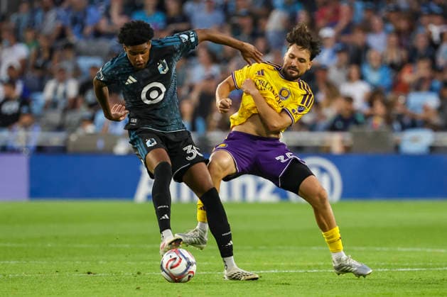 August 29, 2026, St. Paul, Minnesota, United States: Minnesota United FC midfielder OWEN GENE (30) and Orlando City midfielder JORAN GERBET (35) battle for possession. Minnesota United hosted Orlando City on August 29th. The teams faced off at Allianz Field in St. Paul, Minnesota. The game ended in a draw 3-3. St. Paul United States - ZUMAt166 20260829_zsp_t166_031 Copyright: xMichaelxTurnerx