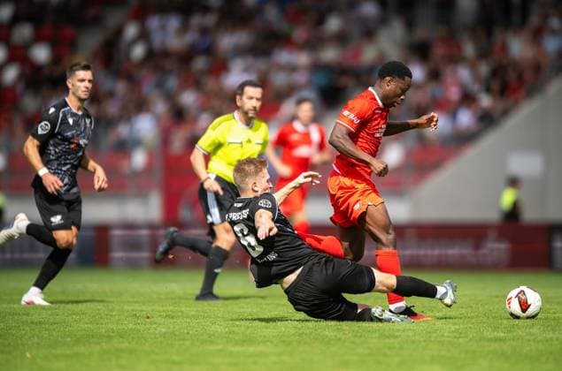SOCCER REGIONAL LEAGUE NORTHEAST 2026–2027 SEASON, MATCHDAY 7: FC ROT WEISS ERFURT vs. BFC PREUSSEN ** FOR EDITORIAL PURPOSES ONLY ** EDITORIAL USE ONLY ** p August 29, 2026 Erfurt Soccer Regional League Northeast Matchday 7, 2026–2027 Season, Steigerwaldstadion: FC Rot-Weiss Erfurt vs. BFC Preussen. Pictured: Benjika Caciel 8; FC Rot-Weiss Erfurt in a tackle with Lucas Vierling 6 BFC Preussen, Germany, Thuringia, Erfurt. Copyright SaschaxFromm Copyright: SaschaxFromm doc87dl5i6tuah6mna0om2 ,EDITORIAL USE ONLY Copyright: SaschaxFromm