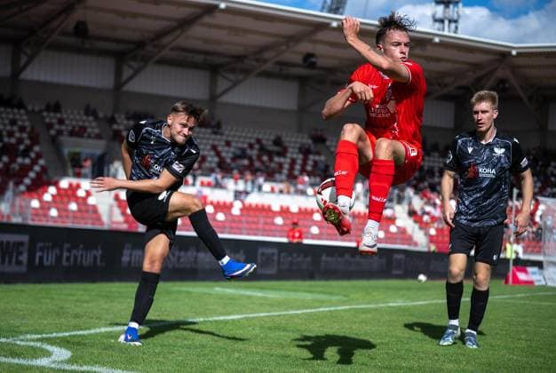 SOCCER REGIONAL LEAGUE NORTHEAST 2026–2027 SEASON, MATCHDAY 7: FC ROT WEISS ERFURT vs. BFC PREUSSEN ** FOR EDITORIAL PURPOSES ONLY ** EDITORIAL USE ONLY ** p August 29, 2026 Erfurt Soccer Northeast Regional League Matchday 7, 2026–2027 Season, Steigerwaldstadion: FC Rot-Weiss Erfurt vs. BFC Preussen. Photo by Til Linus Schwarz 3: FC Rot-Weiss Erfurt in a tackle with Oliver Maric 8 BFC Preussen Germany Thuringia Erfurt Copyright SaschaxFromm Copyright: SaschaxFromm doc87dkz0ina101iymkier0 ,EDITORIAL USE ONLY Copyright: SaschaxFromm