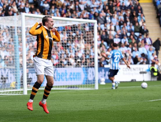 Liam Millar (HC) celebrates scoring the first Hull goal (0-1) at the Coventry City v Hull City, EPL match, at The Coventry Building Society Arena, on 29th August, 2026.  .