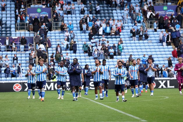 Dejected Coventry players at the Coventry City v Hull City, EPL match, at The Coventry Building Society Arena, on 29th August, 2026.  .