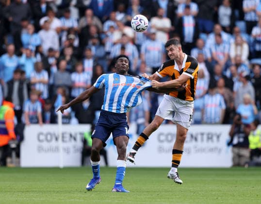 Taiwo Awoniyi (CC) John Egan (HC) at the Coventry City v Hull City, EPL match, at The Coventry Building Society Arena, on 29th August, 2026.  .