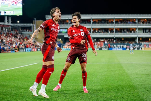 Toronto FC Vs New York City FC, August 29, 2026 Daniel Salloi 20 and Theo Corbeanu 7 of Toronto FC celebrate a goal during a Major League Soccer game between Toronto FC and New York City FC at BMO Field in Toronto, Ontario, Canada, on August 29, 2026. Toronto Ontario Canada  Copyright: xIndrawanxKumalax originalFilename:kumala-majorlea260829_npflX.jpg