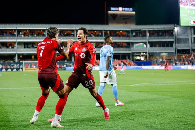 Toronto FC Vs New York City FC, August 29, 2026 Daniel Salloi 20 and Theo Corbeanu 7 of Toronto FC celebrate a goal during a Major League Soccer game between Toronto FC and New York City FC at BMO Field in Toronto, Ontario, Canada, on August 29, 2026. Toronto Ontario Canada  Copyright: xIndrawanxKumalax originalFilename:kumala-majorlea260829_npHOv.jpg
