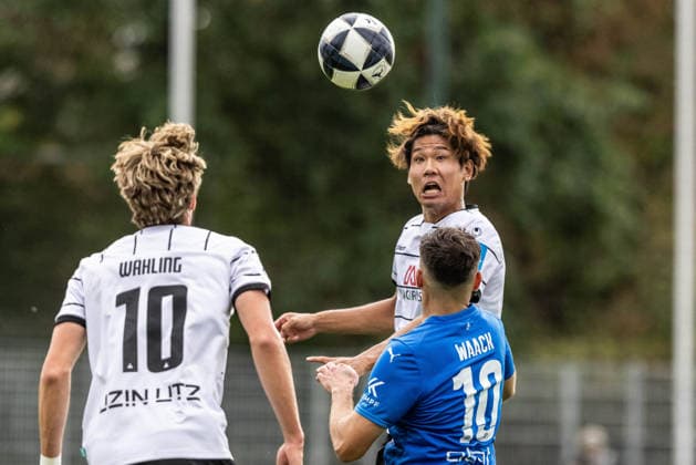 FC Astoria Walldorf vs. SSV Ulm 1846 Soccer, Regionalliga, Matchday 4, Dietmar Hopp Sportpark, Walldorf, August 29, 2026; Header by Masaaki Takahara, SSV Ulm 1846; Soccer, 23; FC Astoria Walldorf vs. SSV Ulm 1846; Soccer, Regional League, Matchday 4, Dietmar Hopp Sportpark, Walldorf, August 29, 2026; Photo by Lucca Fundel, Walldorf, Dietmar Hopp Sportpark, Baden-Württemberg, Germany
