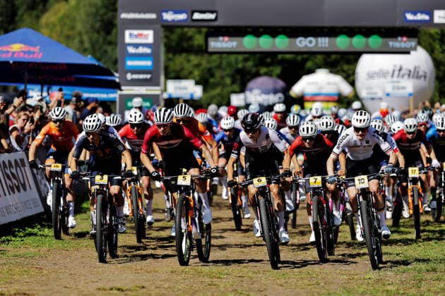 2026 UCI Mountain Bike World Championships Picture by Alex Whitehead SWpix.com - 30 08 2026 - Cycling - 2026 UCI Mountain Bike World Championships - Val di Sole, Trentino, Italy - Cross-country Olympic (XCO) - Men Under-23 (U23) - Race start, Thibaut Francois Baudry (Spain), Gustav Pedersen (Denmark), Nicolas Halter (Switzerland), Sivert Ekroll (Norway), Benjamin Kruger (Germany) Copyright: x xSWpix.comx(t axPhotographyxHubxLtd)xAlexxWhitehead SWpix.comx SWP-3030-21329