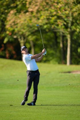 SUTTON COLDFIELD, ENGLAND - AUG 30: Marco Penge (ENG) plays from the eleventh fairway during the delayed Round 3 at the 2026 Husqvarna British Masters at The Belfry, Sutton Coalfield on August 30, 2026 in Warwickshire, England The 2026 Husqvarna British Masters