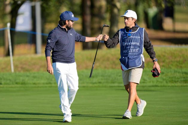 SUTTON COLDFIELD, ENGLAND - AUG 30: Angel Hidalgo (ESP) fist pumps his caddie after holing a putt for birdie on the seventeenth green during the delayed Round 3 at the 2026 Husqvarna British Masters at The Belfry, Sutton Coalfield on August 30, 2026 in Warwickshire, England The 2026 Husqvarna British Masters