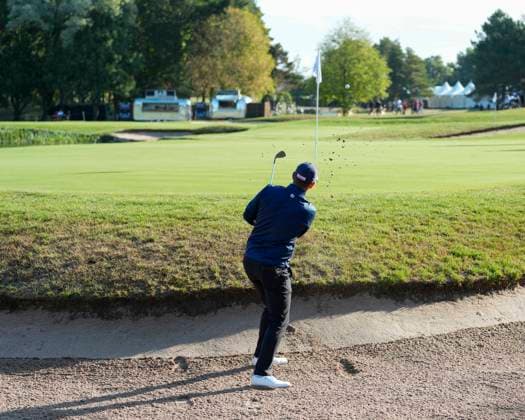 SUTTON COLDFIELD, ENGLAND - AUG 30: Bernd Wiesberger (AUT) plays from a green side bunker on the 18th hole during the delayed Round 3 at the 2026 Husqvarna British Masters at The Belfry, Sutton Coalfield on August 30, 2026 in Warwickshire, England The 2026 Husqvarna British Masters