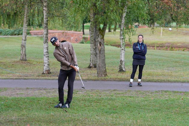 SUTTON COLDFIELD, ENGLAND - AUG 30: Marco Penge (ENG) chips to the 8th green during the delayed Round 3 at the 2026 Husqvarna British Masters at The Belfry, Sutton Coalfield on August 30, 2026 in Warwickshire, England The 2026 Husqvarna British Masters