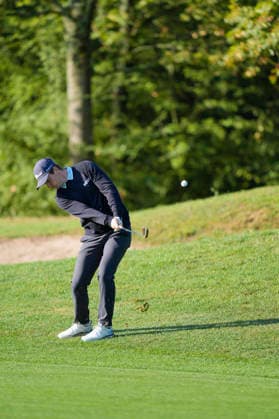 SUTTON COLDFIELD, ENGLAND - AUG 30: Daniel Hillier (NZL) plays from the rough on the eleventh hole during the delayed Round 3 at the 2026 Husqvarna British Masters at The Belfry, Sutton Coalfield on August 30, 2026 in Warwickshire, England The 2026 Husqvarna British Masters