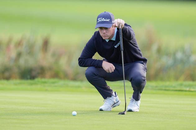 SUTTON COLDFIELD, ENGLAND - AUG 30: Daniel Hillier (NZL) lines up a putt on the eighth green during the delayed Round 3 at the 2026 Husqvarna British Masters at The Belfry, Sutton Coalfield on August 30, 2026 in Warwickshire, England The 2026 Husqvarna British Masters