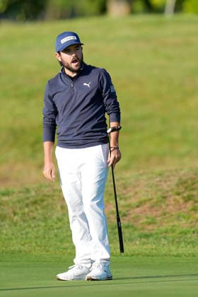 SUTTON COLDFIELD, ENGLAND - AUG 30: Angel Hidalgo (ESP) reacts after a missed eagle putt on the seventeenth green during the delayed Round 3 at the 2026 Husqvarna British Masters at The Belfry, Sutton Coalfield on August 30, 2026 in Warwickshire, England The 2026 Husqvarna British Masters