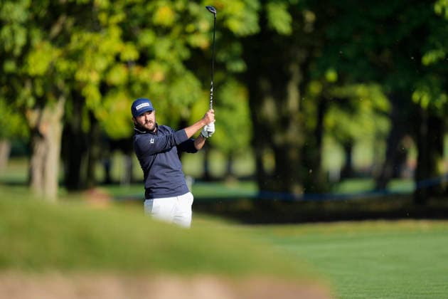 SUTTON COLDFIELD, ENGLAND - AUG 30: Angel Hidalgo (ESP) plays from the eighteenth fairway during the delayed Round 3 at the 2026 Husqvarna British Masters at The Belfry, Sutton Coalfield on August 30, 2026 in Warwickshire, England The 2026 Husqvarna British Masters