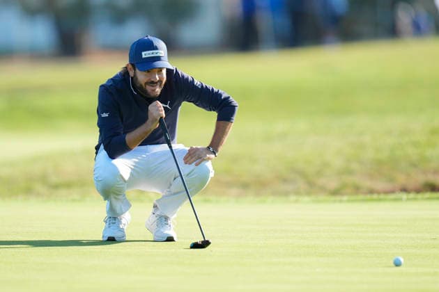 SUTTON COLDFIELD, ENGLAND - AUG 30: Angel Hidalgo (ESP) lines up a putt on the eighteenth green during the delayed Round 3 at the 2026 Husqvarna British Masters at The Belfry, Sutton Coalfield on August 30, 2026 in Warwickshire, England The 2026 Husqvarna British Masters