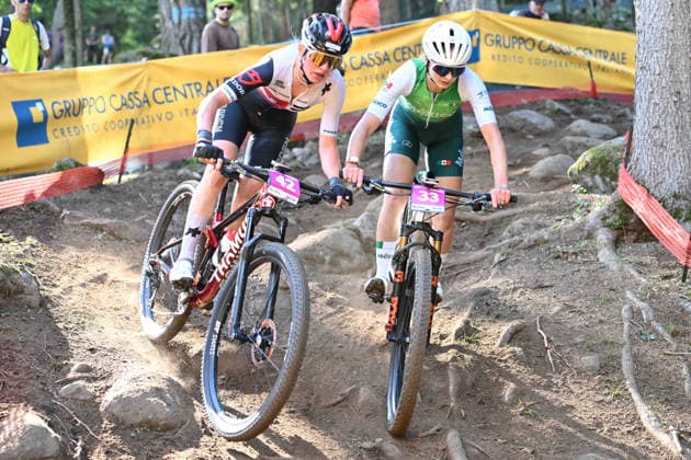 XCO Olympic Cross-Country - Women Under 23 (42) Sirin Stadler of Switzerland and (33) Cynthia Guadalupe Martin Gonzalez of Mexico compete during the UCI MTB World Championship, WM, Weltmeisterschaft - Val di Sole 2026 - XCO Olympic Cross-Country - Women Under 23 category race in Val di Sole, Trento, Italy, on August 30, 2026. Commezzadura Trentino Italy  Copyright: xRobertoxTommasinix originalFilename:tommasini-ucimtbwo260830_npLVz.jpg