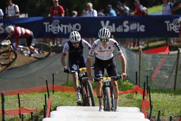 August 30, 2026, Daolasa di Commezzadura, Val di Sole Bikeland, 2026 UCI MTB World Championship Men’s U23 XCO (Cross Country Olympic) – Paul Schehl (2, GER) and Alix Andre Gallis (11, FRA) – Daolasa di Commezzadura, Val di Sole Bikeland, Trento, Italy Copyright: xJustPictures.ch FrancescoxMinghettix jp-en-FrMi-_NG_0523
