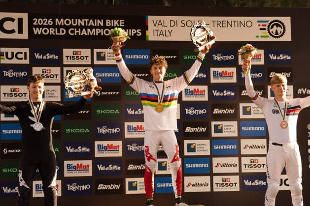 IPA87930572 - Goldstone Jackson (CAN), Lachlan Stevens-Mcnab (NZL), and Jordan Williams (GBR) during the Downhill Elite Men s race at the Val di Sole UCI Mountain Bike World Championships—the DHI race at Val di Sole Downhill—on August 29, 2026.  Copyright: xFabioxAverna IPAxSportx xx 87930572