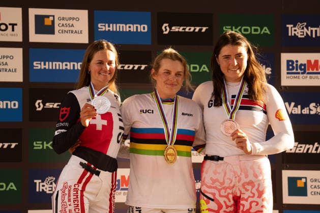 IPA87930579 - HOLL Valentina, BAUMANN Lisa, and HARNDEN Harriet during the Elite Women’s Downhill race at the Val di Sole UCI Mountain Bike World Championships—the DHI race at Val di Sole Downhill—on August 29, 2026.  Copyright: xFabioxAverna IPAxSportx xx 87930579