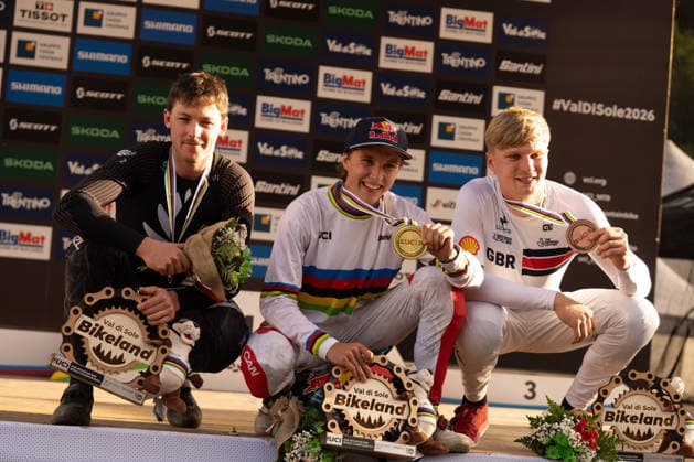 IPA87930581 - Goldstone Jackson (CAN), Stevens-Mcnab Lachlan (NZL), and Williams Jordan (GBR) during the Men s Elite Downhill race at the Val di Sole UCI Mountain Bike World Championships—DHI race at Val di Sole Downhill—on August 29, 2026.  Copyright: xFabioxAverna IPAxSportx xx 87930581