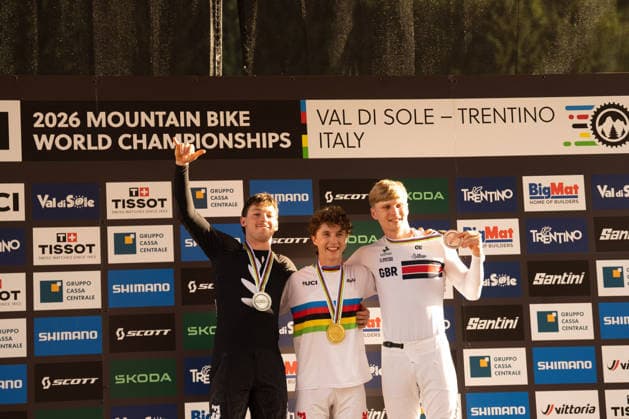 IPA87930584 - Goldstone Jackson (CAN), Stevens-Mcnab Lachlan (NZL), and Williams Jordan (GBR) during the Men s Elite Downhill race at the Val di Sole UCI Mountain Bike World Championships—the DHI race at Val di Sole Downhill—on August 29, 2026.  Copyright: xFabioxAverna IPAxSportx xx 87930584
