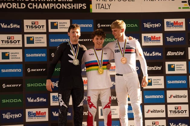 IPA87930586 - Goldstone Jackson (CAN), Stevens-Mcnab Lachlan (NZL), and Williams Jordan (GBR) during the Men s Elite Downhill race at the Val di Sole UCI Mountain Bike World Championships—the DHI race at Val di Sole Downhill—on August 29, 2026.  Copyright: xFabioxAverna IPAxSportx xx 87930586