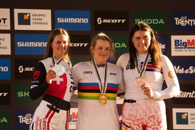 IPA87930547 - HOLL Valentina, BAUMANN Lisa, and HARNDEN Harriet during the Elite Women s Downhill race at the Val di Sole UCI Mountain Bike World Championships—the DHI race at Val di Sole Downhill—on August 29, 2026.  Copyright: xFabioxAverna IPAxSportx xx 87930547