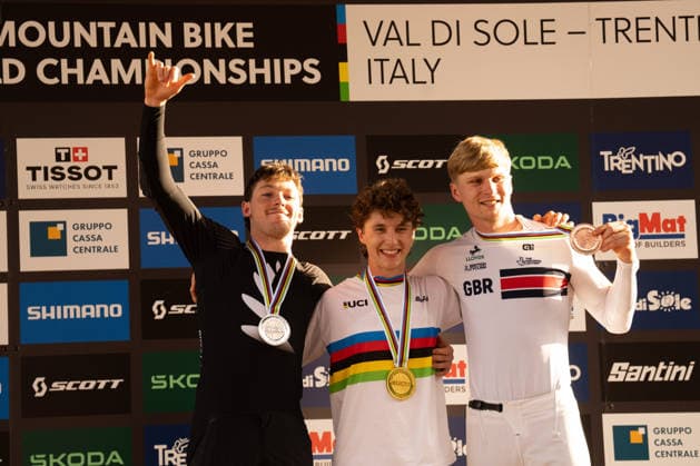 IPA87930598 - Goldstone Jackson (CAN), Stevens-Mcnab Lachlan (NZL), and Williams Jordan (GBR) during the Men s Elite Downhill race at the Val di Sole UCI Mountain Bike World Championships—the DHI race at Val di Sole Downhill—on August 29, 2026.  Copyright: xFabioxAverna IPAxSportx xx 87930598