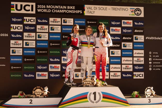 IPA87930637 - HOLL Valentina, BAUMANN Lisa, and HARNDEN Harriet during the Elite Women’s Downhill race at the Val di Sole UCI Mountain Bike World Championships—the DHI race at Val di Sole Downhill—on August 29, 2026.  Copyright: xFabioxAverna IPAxSportx xx 87930637