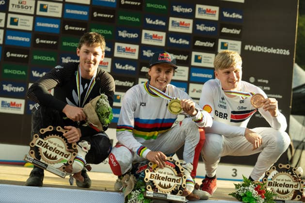 IPA87930638 - Goldstone Jackson (CAN), Stevens-Mcnab Lachlan (NZL), and Williams Jordan (GBR) during the Men s Elite Downhill race at the Val di Sole UCI Mountain Bike World Championships—DHI race at Val di Sole Downhill—on August 29, 2026.  Copyright: xFabioxAverna IPAxSportx xx 87930638