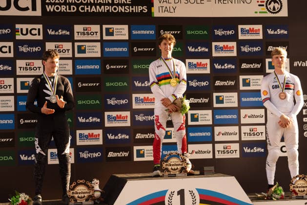 IPA87930601 - Goldstone Jackson (CAN), Stevens-Mcnab Lachlan (NZL), and Williams Jordan (GBR) during the Men s Elite Downhill race at the Val di Sole UCI Mountain Bike World Championships—the DHI race at Val di Sole Downhill—on August 29, 2026.  Copyright: xFabioxAverna IPAxSportx xx 87930601