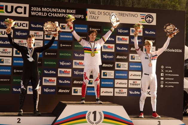 IPA87930611 - Goldstone Jackson (CAN), Stevens-Mcnab Lachlan (NZL), and Williams Jordan (GBR) during the Men s Elite Downhill race at the Val di Sole UCI Mountain Bike World Championships—the DHI race at Val di Sole Downhill—on August 29, 2026.  Copyright: xFabioxAverna IPAxSportx xx 87930611