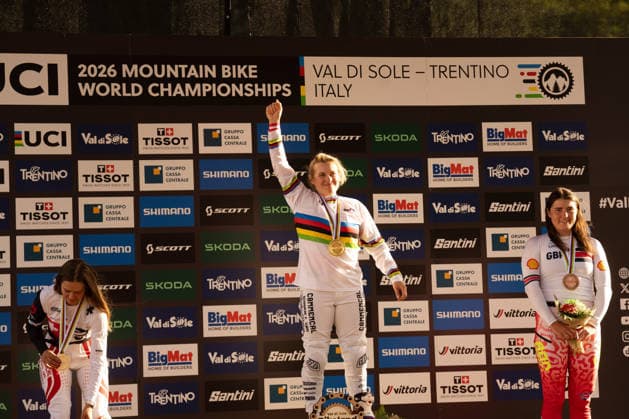 IPA87930615 - HOLL Valentina, BAUMANN Lisa, and HARNDEN Harriet during the Elite Women’s Downhill race at the Val di Sole UCI Mountain Bike World Championships—the DHI race at Val di Sole Downhill—on August 29, 2026.  Copyright: xFabioxAverna IPAxSportx xx 87930615