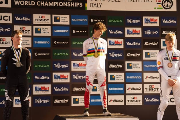 IPA87930623 - Goldstone Jackson (CAN), Stevens-Mcnab Lachlan (NZL), and Williams Jordan (GBR) during the Men s Elite Downhill race at the Val di Sole UCI Mountain Bike World Championships—the DHI race at Val di Sole Downhill—on August 29, 2026.  Copyright: xFabioxAverna IPAxSportx xx 87930623