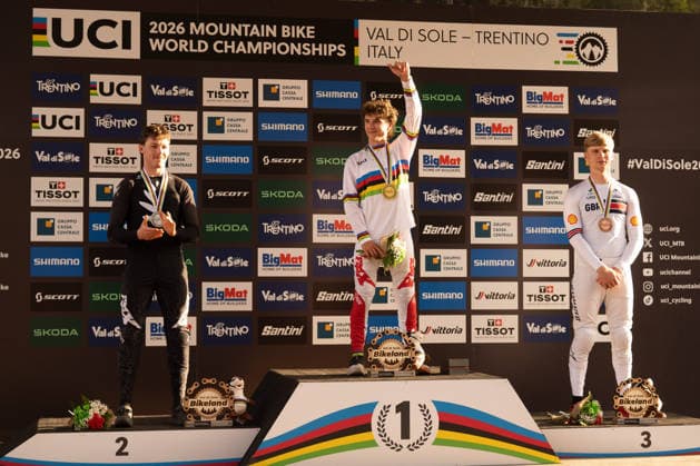 IPA87930630 - Goldstone Jackson (CAN), Stevens-Mcnab Lachlan (NZL), and Williams Jordan (GBR) during the Elite Men s Downhill race at the Val di Sole UCI Mountain Bike World Championships—the DHI race at Val di Sole Downhill—on August 29, 2026.  Copyright: xFabioxAverna IPAxSportx xx 87930630
