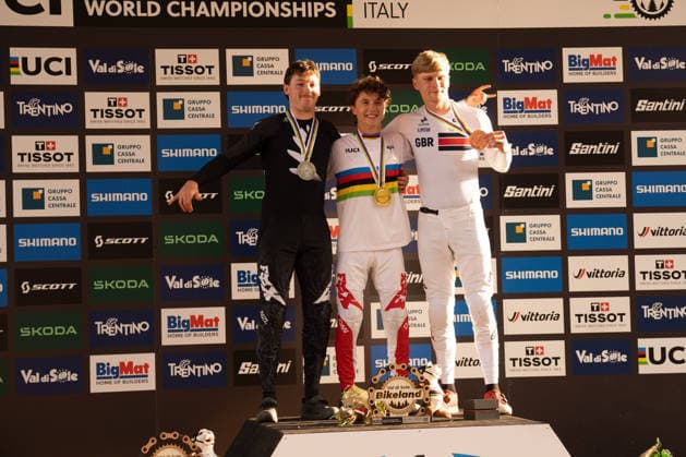 IPA87930632 - Goldstone Jackson (CAN), Stevens-Mcnab Lachlan (NZL), and Williams Jordan (GBR) during the Men s Elite Downhill race at the Val di Sole UCI Mountain Bike World Championships—DHI race at Val di Sole Downhill—on August 29, 2026.  Copyright: xFabioxAverna IPAxSportx xx 87930632