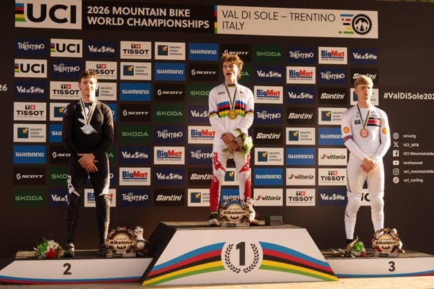 IPA87930643 - Goldstone Jackson (CAN), Stevens-Mcnab Lachlan (NZL), and Williams Jordan (GBR) during the Elite Men s Downhill race at the Val di Sole UCI Mountain Bike World Championships—the DHI race at Val di Sole Downhill—on August 29, 2026.  Copyright: xFabioxAverna IPAxSportx xx 87930643
