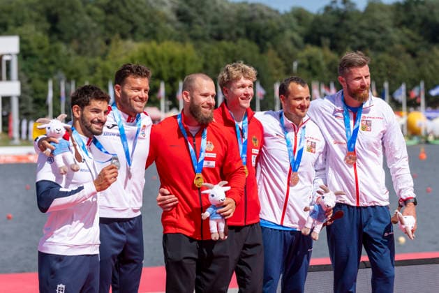 ICF Canoe Sprint and Paracanoe World Championships Joao Ribeiro,Messias Baptista,Jacob Schopf,Max Lemke,Jakub Spicar,Daniel Havelt at the medal ceremony during the 2026 ICF World Championships in Canoe Sprint and Para-canoe in PoznaÅ , Poland, on 30 August 2026. Poznan Poland  Copyright: xAndrzejxIwanczukx originalFilename:iwanczuk-icfcanoe260830_npzG1.jpg