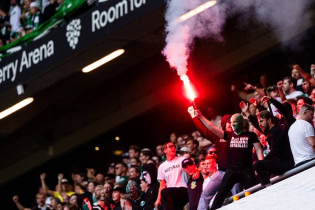 August 30, 2026: Halmstad fans with pyrotechnics before the Allsvenskan soccer match between AIK and Hammarby on August 30, 2026, in Stockholm  Copyright: CAISAxRASMUSSEN BB260830CR011