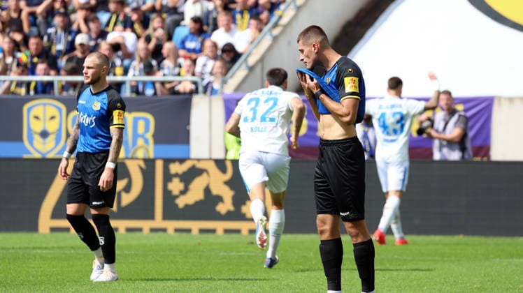 August 30, 2026, xrekx, Soccer 3rd Division, 1 FC Saarbrücken vs. Hansa Rostock: Goal celebration after Leon Dajaku scores the 0–1 goal for FC Hansa Rostock; Philip Fahrner, 1 FC Saarbrücken; Mladen Cvjetinovic, 1 FC Saarbrücken; 1 FC Saarbrücken looks disappointed, dejected, looks disappointed, dejected, disappointed Saarbruecken