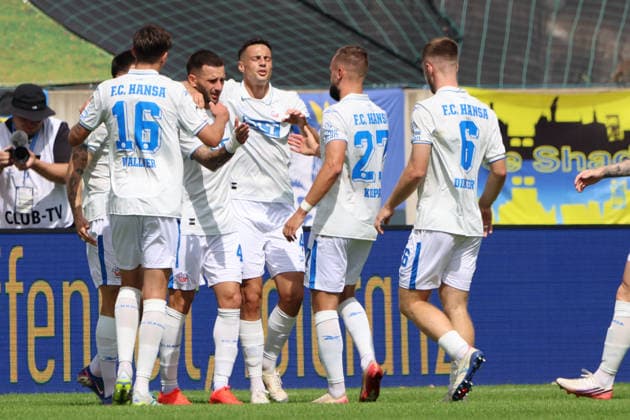 August 30, 2026, Soccer, Men s, 3rd Division, 2026–2027 Season, 1 FC Saarbrücken vs. FC Hansa Rostock, Goal celebration after the 0–1, Goal scorer: Leon Dajaku, Hansa Rostock vs. Saarbrücken, Ludwigsparkstadion, Saarland, Germany, DEU Copyright: xSebastianxBachx