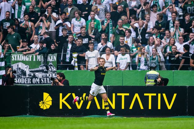 260830 AIK s Linus Carlstrand celebrates after scoring the 1-1 goal during the Allsvenskan soccer match between AIK and Hammarby on August 30, 2026, in Stockholm  Copyright: JESPERxZERMAN BB260830JZ020
