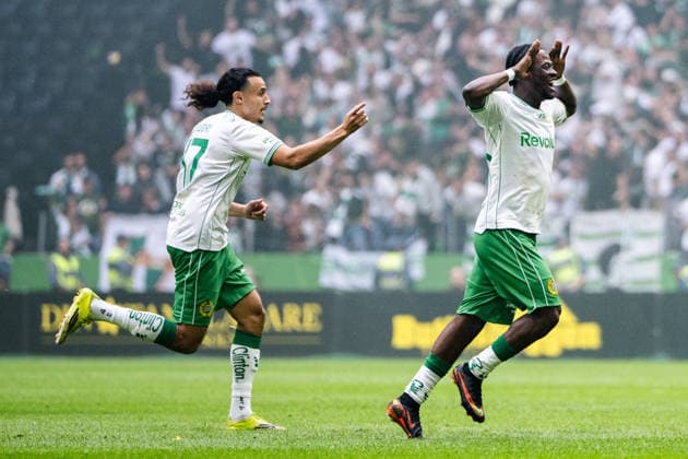 August 30, 2026: Hammarby s Frank Junior Adyei and Amin Boudri celebrate after scoring the 0-1 goal during the Allsvenskan soccer match between AIK and Hammarby on August 30, 2026, in Stockholm  Copyright: JESPERxZERMAN BB260830JZ021