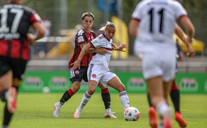 GER, Frankfurt, Eintracht Frankfurt vs 1. FC Nürnberg, Google Pixel Frauen Bundesliga, Fussball, DFB, Spielzeit 2026 2027, Stadion am Brentanobad, 2. Spieltag im Bild v.l.: Sara Doorsoun (Eintracht Frankfurt Frauen 23). Louna L DFB DFL REGULATIONS PROHIBIT ANY USE OF PHOTOGRAPHS AS IMAGE SEQUENCES AND OR QUASI-VIDEO, 30.08.2026 *** GER, Frankfurt, Eintracht Frankfurt vs. 1. FC Nürnberg, Google Pixel Women s Bundesliga, Soccer, DFB, 2026–2027 Season, Stadion am Brentanobad, Matchday 2 in pictures: from left, Sara Doorsoun, Eintracht Frankfurt Women’s Team ’23, Louna L. DFB DFL REGULATIONS PROHIBIT ANY USE OF PHOTOGRAPHS AS IMAGE SEQUENCES AND OR QUASI-VIDEO, August 30, 2026 Copyright: HMBxMedia HendrikxHamelau
