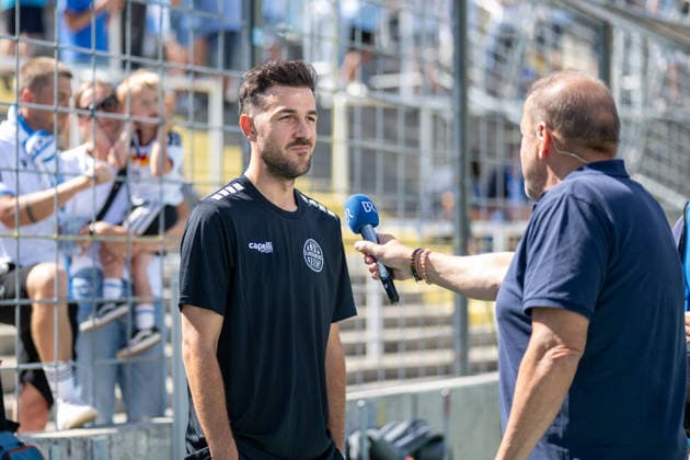 Interview with TSV Landsberg Head Coach Rene Schroeder, TSV 1860 Munich vs. TSV Landsberg, soccer, Bavarian Regional League, Matchday 6, August 30, 2026. DFB regulations prohibit any use of photographs as image sequences and or quasi-video. Munich, Bavaria, Germany Copyright: xkolbert-press UlrichxGamelx