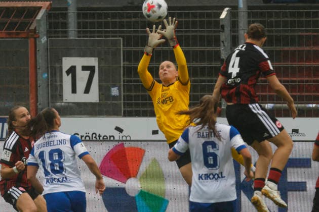 August 30, 2026, Hänsch Arena, Meppen, GER, 2. Bundesliga (Women), SV Meppen vs. Eintracht Frankfurt II, save by goalkeeper Carla Mia Steenken, SV Meppen 1. DFL regulations prohibit any use of photographs as image sequences and or quasi-video. Meppen, Lower Saxony, Hänsch Arena