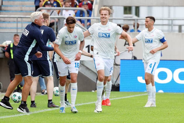 August 30, 2026, xrekx, Soccer 3rd Division, 1. FC Saarbrücken vs. Hansa Rostock – Goal celebration after Florian Carstens scored the 1-2 goal for FC Hansa Rostock against Saarbrücken